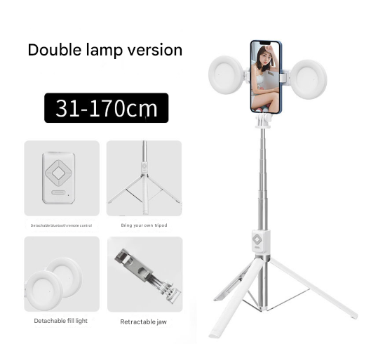 NNEDSZ White Double Light 3-in-1 Bluetooth Selfie Stick with Tripod and Remote Control - Adjustable for Smartphones